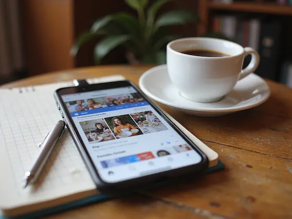 Smartphone mit Social Media Posts auf dem Tisch, daneben Notizen und Kaffee