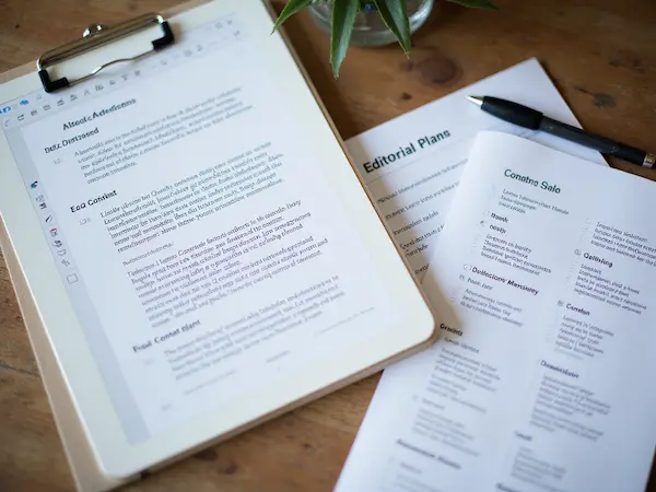 Offenes Textdokument mit SEO-Inhalt und Redaktionsplan daneben
