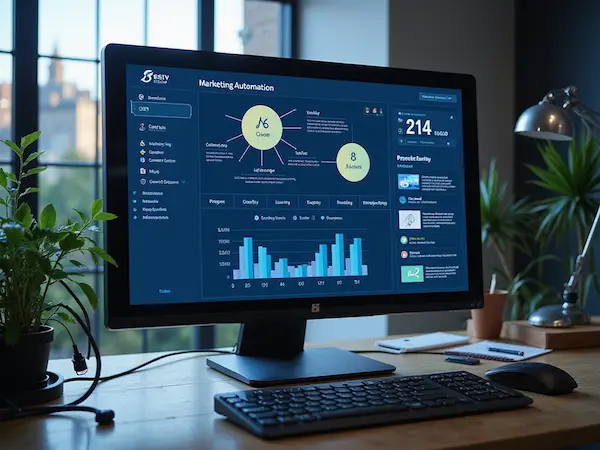 Workflow-Diagramm auf Monitor, daneben Chatbot-Konsole