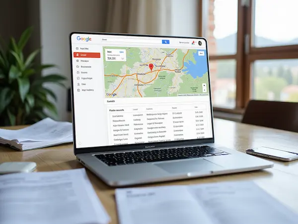Google Maps mit Markierung, Laptop mit Standortanalyse