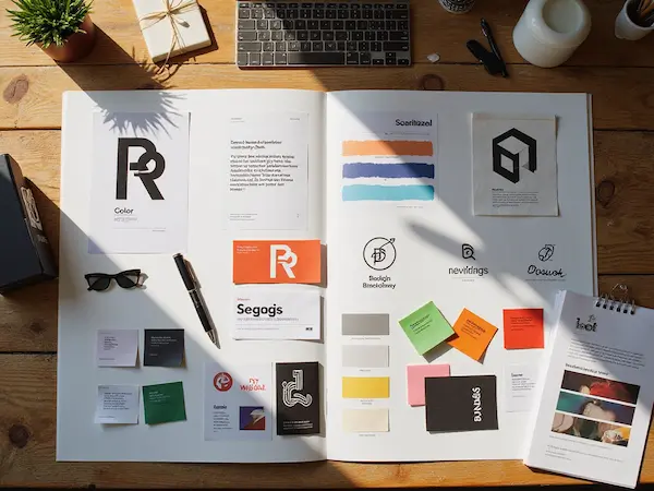 Design Moodboard mit Farben, Logo-Skizzen und Typografie-Beispielen