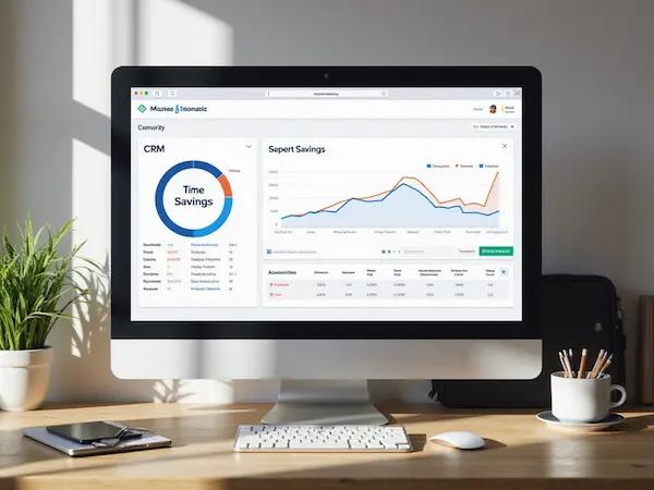Dashboard mit Zeitersparnis-Grafik, daneben CRM-Tool