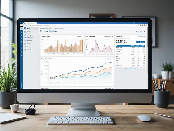 SEO-Dashboard mit organischen Rankings und Keywords auf Monitor