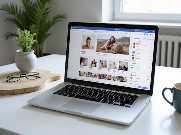 Laptop mit geöffnetem Instagram Reels Editor und Facebook Post Planer