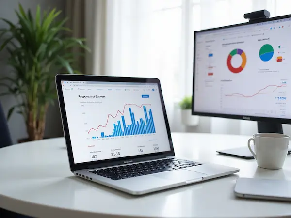 Laptop mit geöffneter moderner Website, Charts im Hintergrund